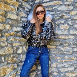 Дамско късо пухено яке с качулка, City Angels Jeans, Черно бял лак, 6848